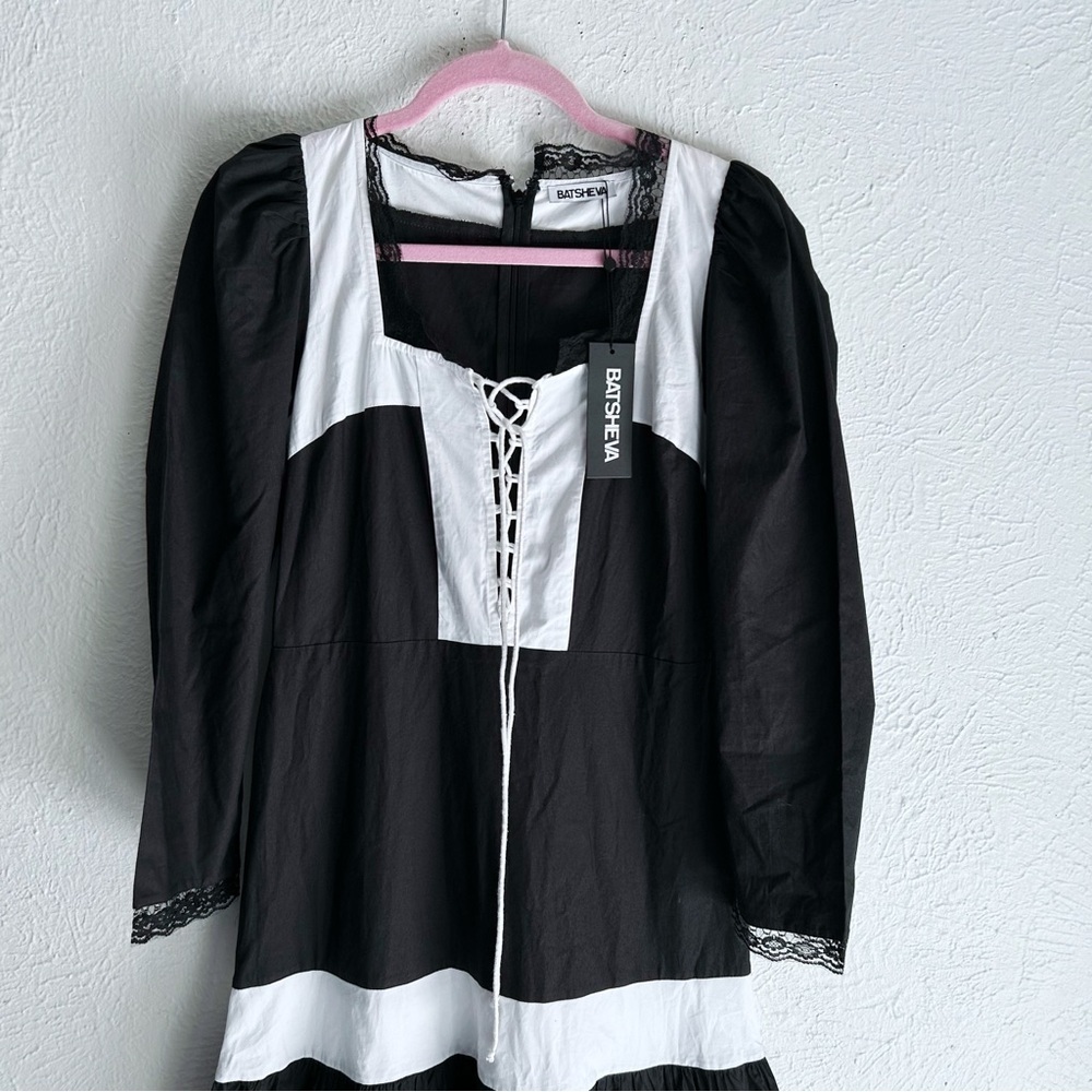 Batsheva Dawn Maxi Dress Black White Lace-Up Cotton Prairie Dress NWT Sz 4 Goth - Picture 3 of 8